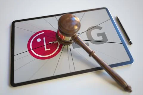Logo of LG on the tablet computer screen hit by judge's gavel. Court related Stock Illustration