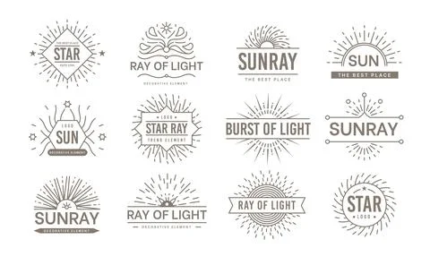Logo. Line minimalistic emblems set with geometric outline sun rays. Vector v Illustrazione stock