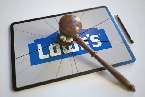 Logo of LOWES on the tablet computer screen hit by judge's gavel. Court related Stock-Illustration