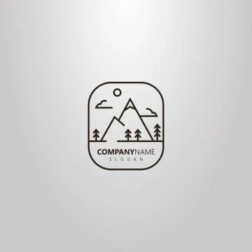 Logo of mountain landscape with clouds, spruce and sun Иллюстрация