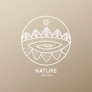 Logo of nature elements on golden background. Linear icon of landscape with Stock Illustration