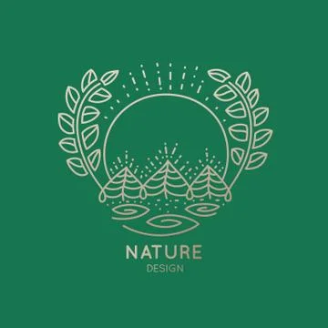 Logo of nature elements on green background. Linear icon of landscape with trees 스톡 일러스트