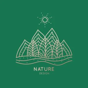 Logo of nature elements on green background. Linear icon of landscape with trees Stock Illustration