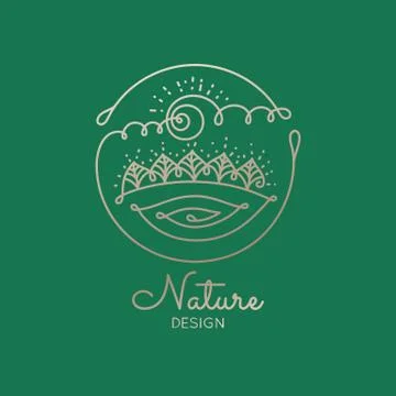 Logo of nature elements on green background. Linear icon of landscape with trees Stock Illustration
