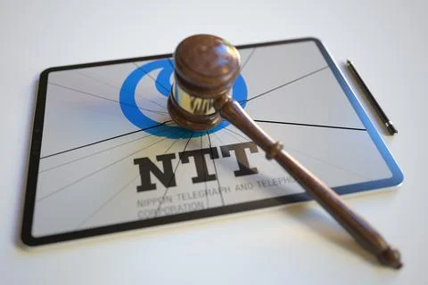 Logo of NTT on the tablet computer screen hit by judge's gavel. Court related Stock-Illustration