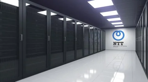 Logo of NTT on the wall of a server room, editorial 3D rendering Stock Illustration