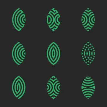 Logo patterned green leaf plants icon set in ornate linear minimalist style. イラスト素材