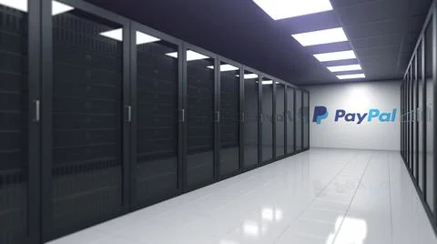 Logo of PAYPAL on the wall of a server room, editorial 3D rendering Stock Illustration