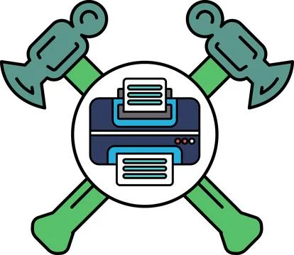 A logo for a printer that has a hammer and an axe on it Stock Illustration