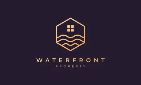 Logo property with a hexagon base shape with ocean wave and window Stock Illustration