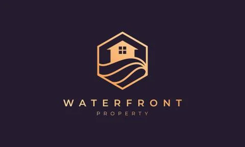 Logo property with a hexagon base shape with ocean wave and window Stock Illustration