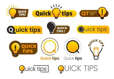 Logo quick tips. Yellow lightbulb icon with quicks tip text. Lamp of advice.. Stock Illustration