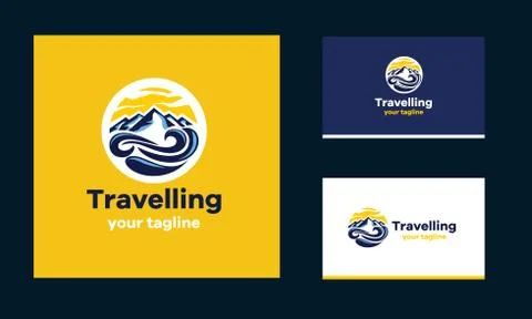 The logo is round in shape , the mountains and the sea waves Stock Illustration