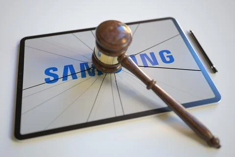 Logo of SAMSUNG on the tablet computer screen hit by judge's gavel. Court Stock-Illustration