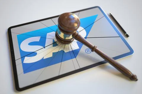 Logo of SAP on the tablet computer screen hit by judge's gavel. Court related Stock-Illustration