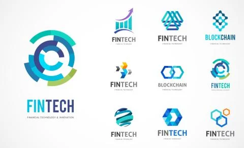 Logo set - fintech, blockchain, technology, biotechnology, tech icons and Stock Illustration