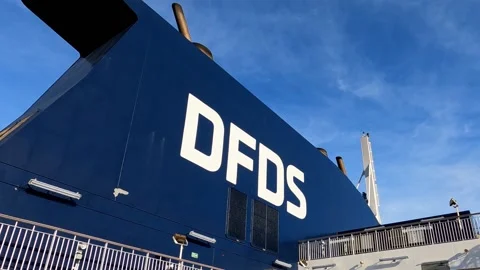 Logo on the side of the Funnel of a DFDS Ferry in the Channel Stock Footage 219239627