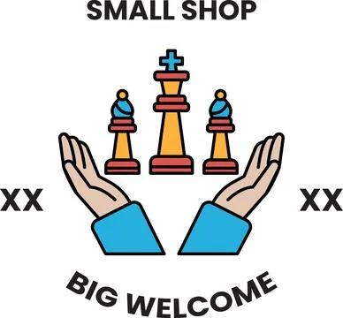A logo for a small shop that is holding three chess pieces in its hands Stockillustratie