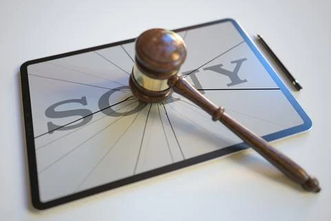 Logo of SONY on the tablet computer screen hit by judge's gavel. Court related イラスト素材
