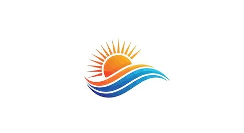 A logo of a sun rising over the ocean waves Stock Illustration
