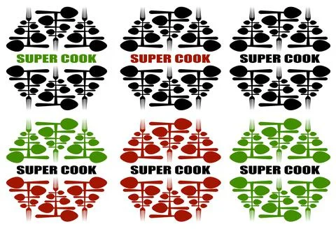 Logo super chef from the ornament of spoons and forks with the inscription Stock Illustration