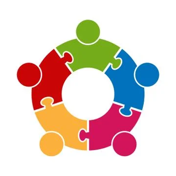 Logo teamwork.Circle in the form of a puzzle of five parts. Illustrazione stock