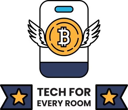 A logo for Tech for Every Room features a phone with wings and a coin on it Stock Illustration