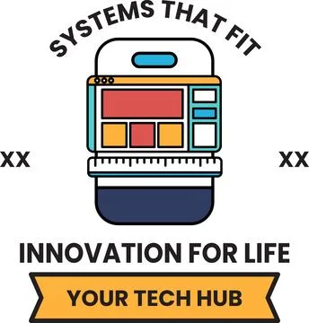 A logo for a tech hub that says "Systems that Fit" and "Novation for Life" Stock Illustration