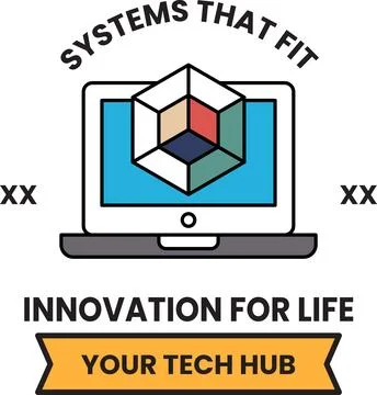 A logo for a tech hub that says "Systems that Fit" and "Novation for Life" Stock Illustration
