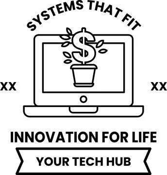 A logo for a tech hub that says "Systems that Fit" and "Novation for Life" Stock Illustration