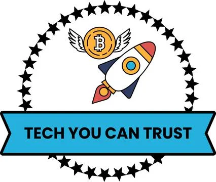 A logo for Tech You Can Trust features a rocket with wings and a coin Stock Illustration
