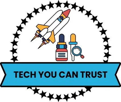A logo for Tech You Can Trust features a rocket and a bottle of medicine Stock Illustration