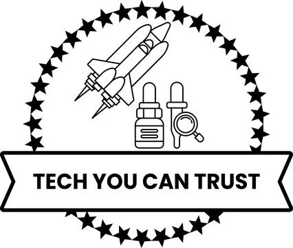 A logo for Tech You Can Trust features a rocket and a magnifying glass Stock Illustration