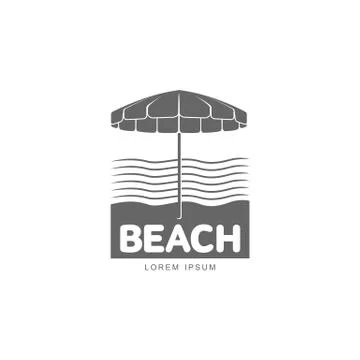 Logo template with beach umbrella standing against stylized sea waves Illustrazione stock