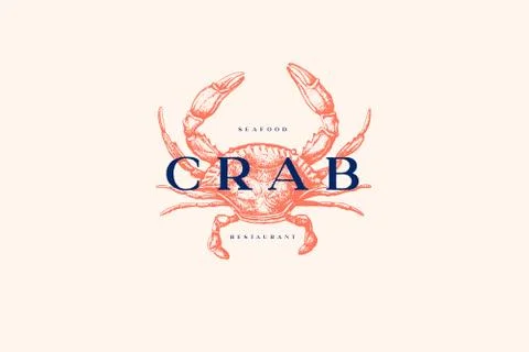 Logo template with an image of a crab. Vector vintage engraving illustration. Stock Illustration