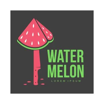 Logo template with stylized watermelon piece stuck on standing knife Stock Illustration