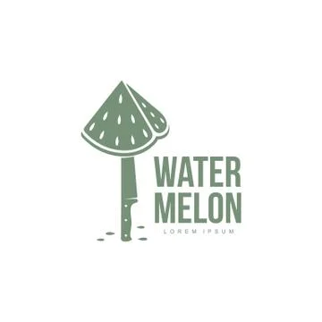 Logo template with stylized watermelon piece stuck on standing knife Illustrazione stock