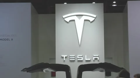 Logo, Tesla Model X P100D in Paris 2016 Stock Footage 68395988