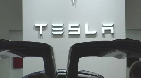 Logo, Tesla Model X P100D in Paris 2016 Stock Footage 68397022
