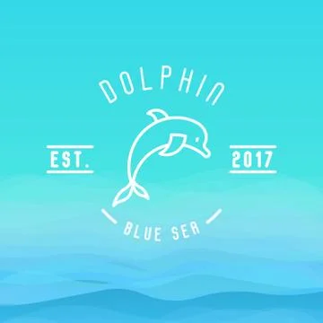 Logo with thin line icon of dolphin jumping above waves for branding identity Stock Illustration