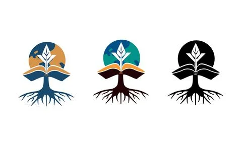 Logo tree roots growing book and plant on the background of the planet vector Stock Illustration