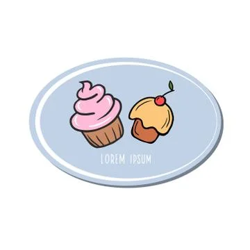 Logo with two cakes. Vector color illustration of cupcakes in cartoon style. Stock Illustration