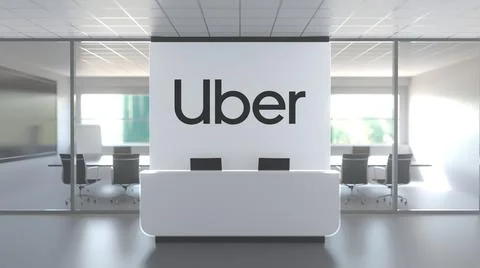 Logo of UBER on a wall in the modern office, editorial conceptual 3D rendering Ilustración de archivo