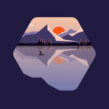 Logo vector template, with landscape icon illustration of lake tree and sun Stock Illustration