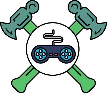 A logo for a video game controller with a hammer and an axe Illustrazione stock