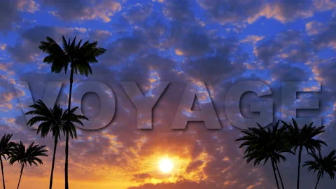 Logo VOYAGE on the background of the palm forest at sunset Stock Footage 90264085