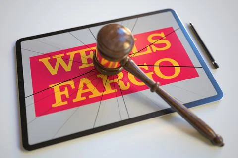 Logo of WELLS FARGO on the tablet computer screen hit by judge's gavel. Court Stock Illustration