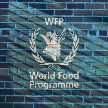Logo of World food Program projected on a sunny brick wall Illustrazione stock