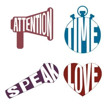 Logos letters style icon set - attention, time, speak, love Stock Illustration