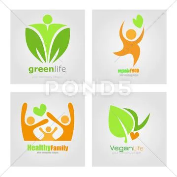 Logos set vegetarian vegan organic food diet. Healthy lifestyle, vector Stock Illustration